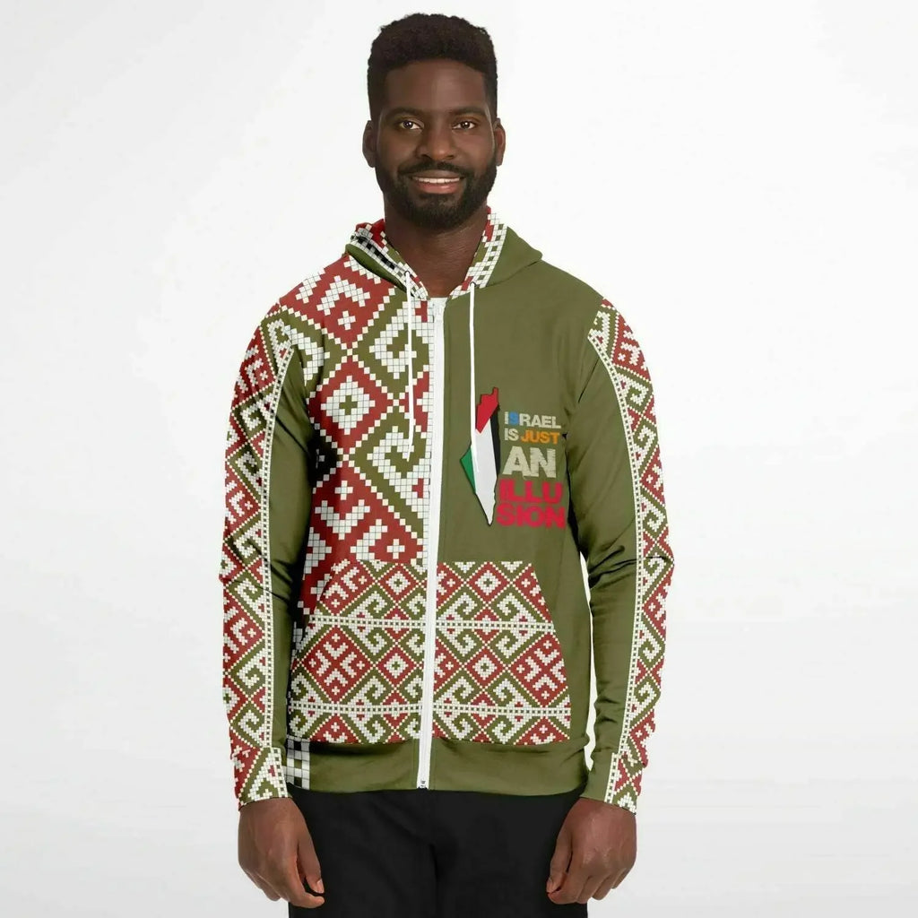 Man wearing olive green zip-up hoodie with red and white geometric patterns and text graphic