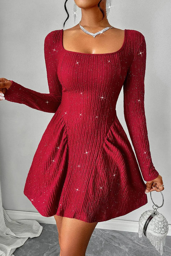 Backless Glitter Square Neck Long Sleeve Mini Dress - IVORYNN