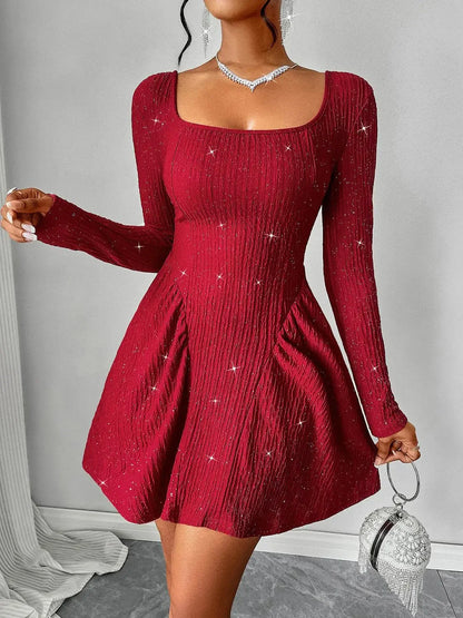 Backless Glitter Square Neck Long Sleeve Mini Dress - IVORYNN