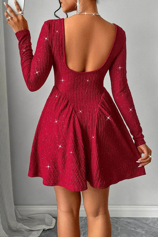 Backless Glitter Square Neck Long Sleeve Mini Dress - IVORYNN