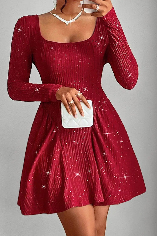 Backless Glitter Square Neck Long Sleeve Mini Dress - IVORYNN