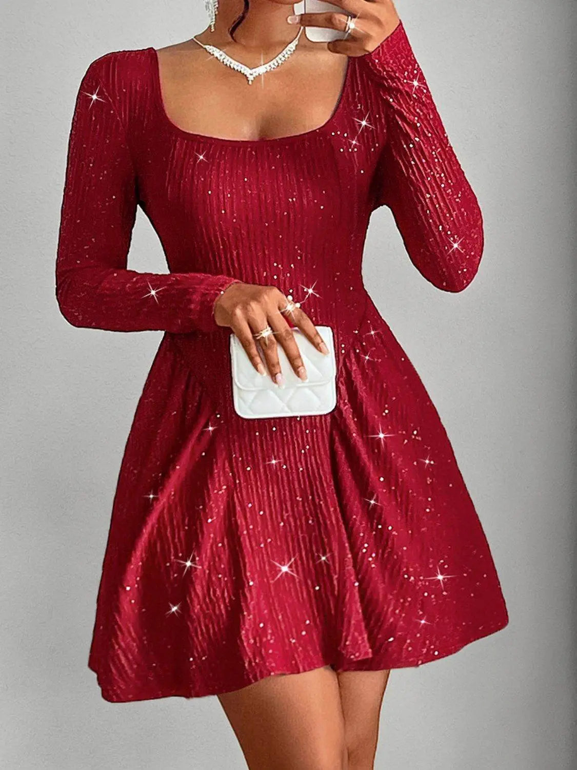 Backless Glitter Square Neck Long Sleeve Mini Dress - IVORYNN