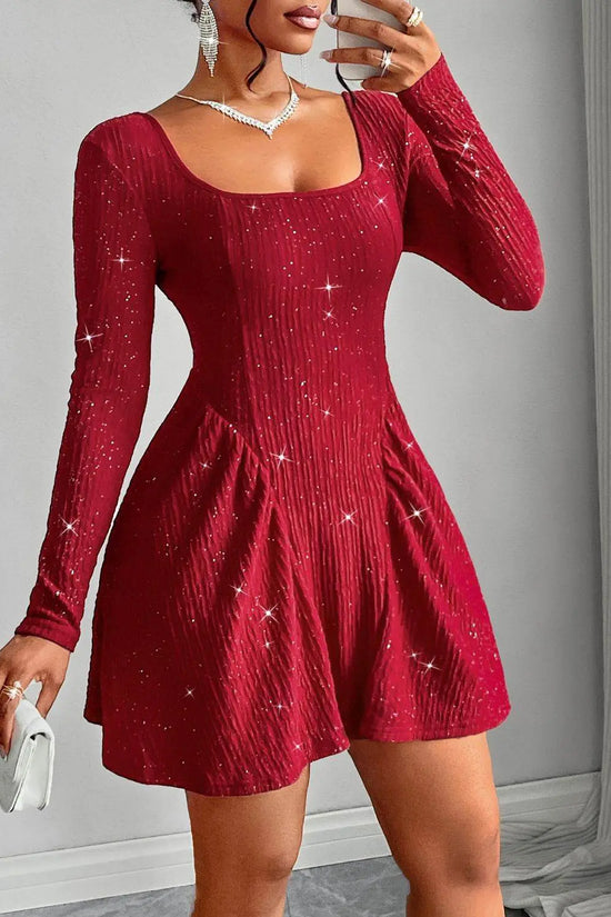 Backless Glitter Square Neck Long Sleeve Mini Dress - IVORYNN