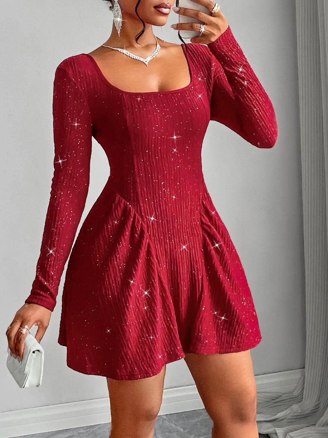 Backless Glitter Square Neck Long Sleeve Mini Dress - IVORYNN