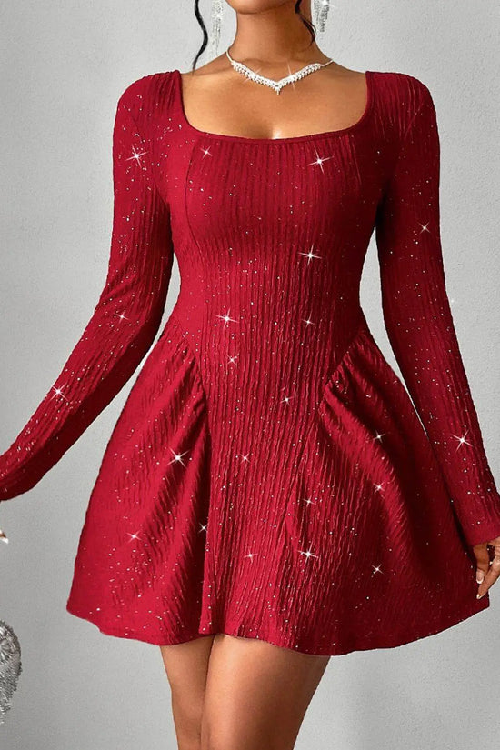 Backless Glitter Square Neck Long Sleeve Mini Dress - IVORYNN