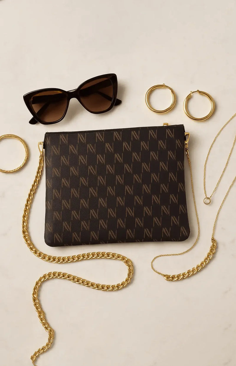 Black Nappa Leather Gold Chain NN Crossbody Bag - IVORYNN