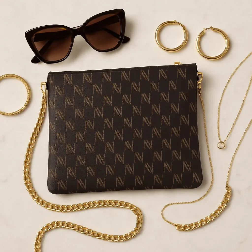 Black Nappa Leather Gold Chain NN Crossbody Bag - IVORYNN