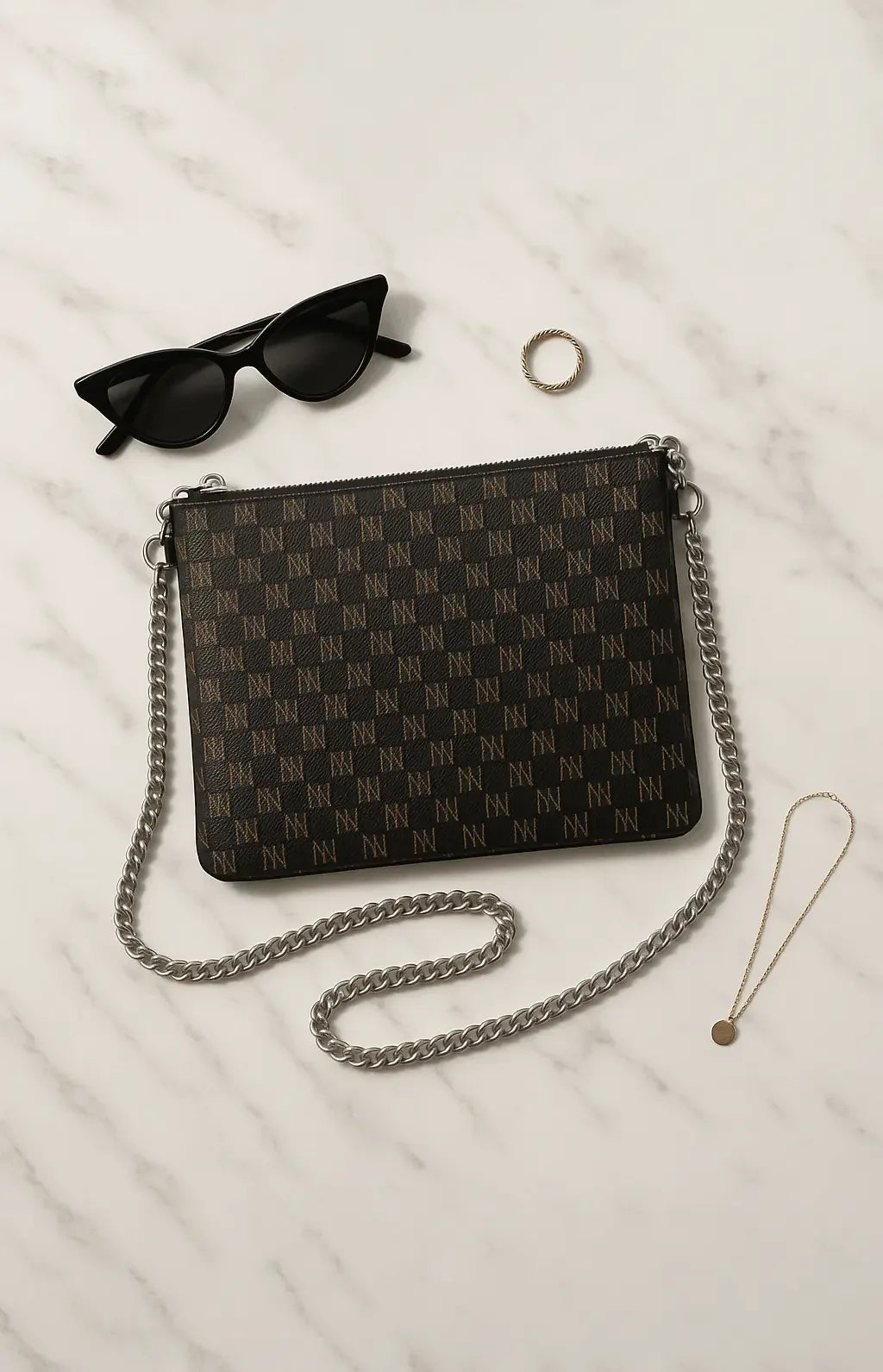 Black Nappa Leather Silver Chain NN Crossbody Bag - IVORYNN