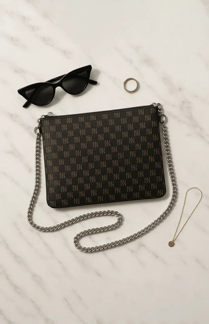 Black Nappa Leather Silver Chain NN Crossbody Bag - IVORYNN