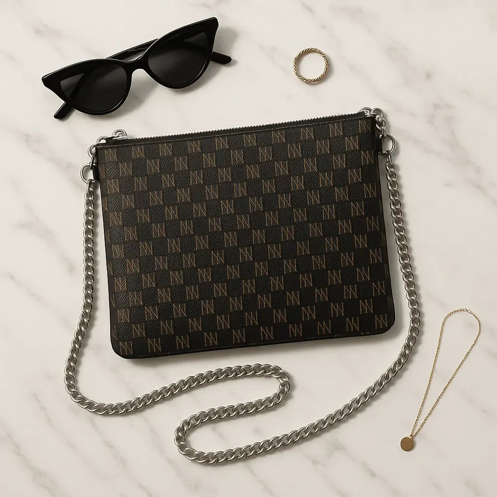 Black Nappa Leather Silver Chain NN Crossbody Bag - IVORYNN