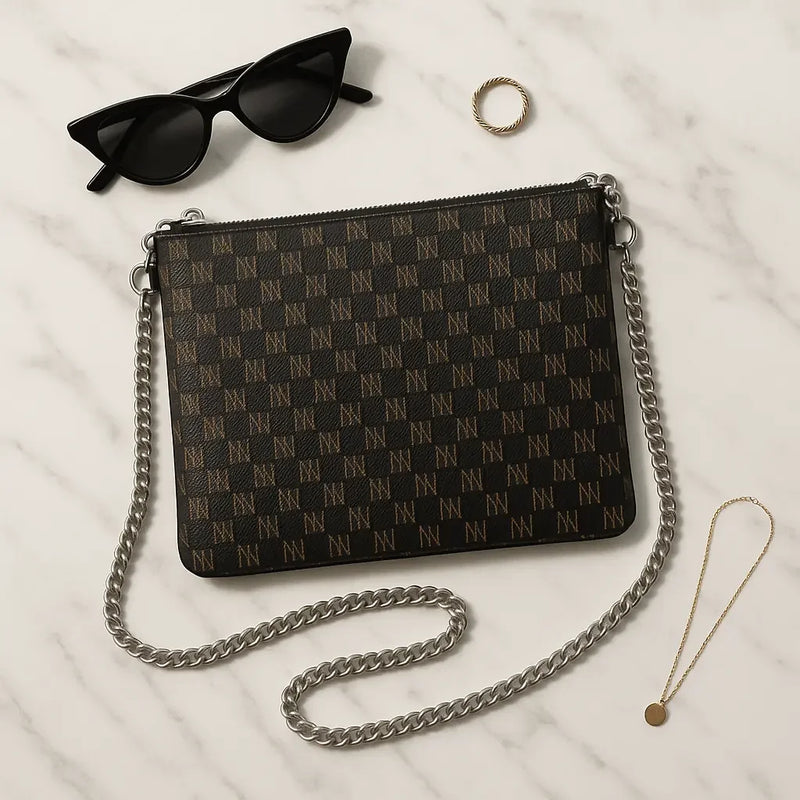 Black Nappa Leather Silver Chain NN Crossbody Bag - IVORYNN