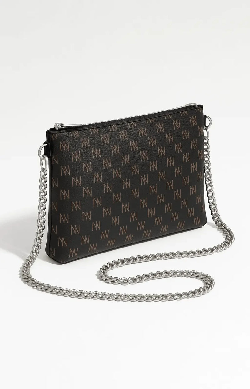 Black Nappa Leather Silver Chain NN Crossbody Bag - IVORYNN