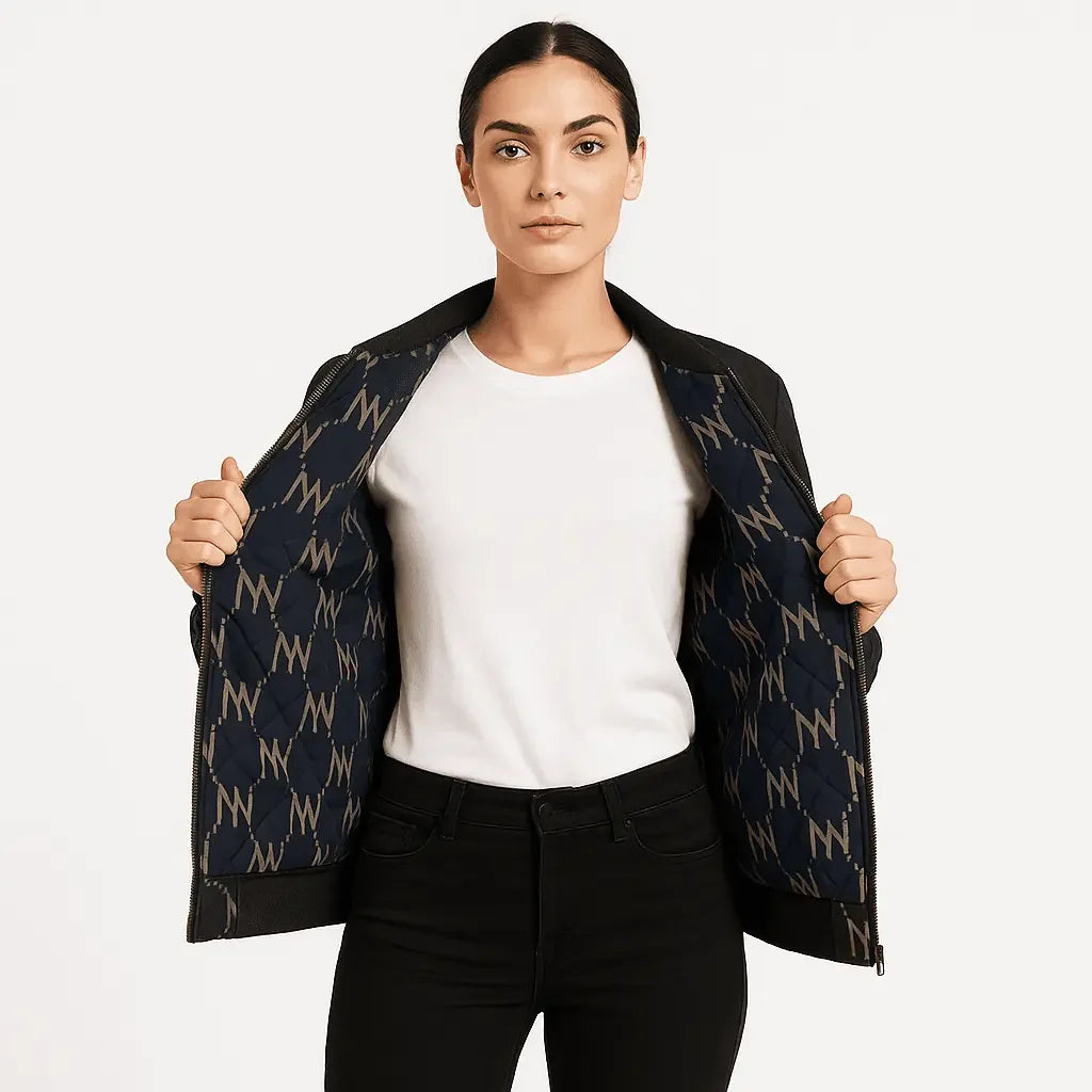 Black Navy Reversible Silk Bomber Jacket - IVORYNN