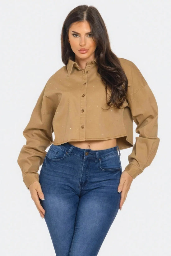 Bling Denim Button Camel Down Shirt - IVORYNN