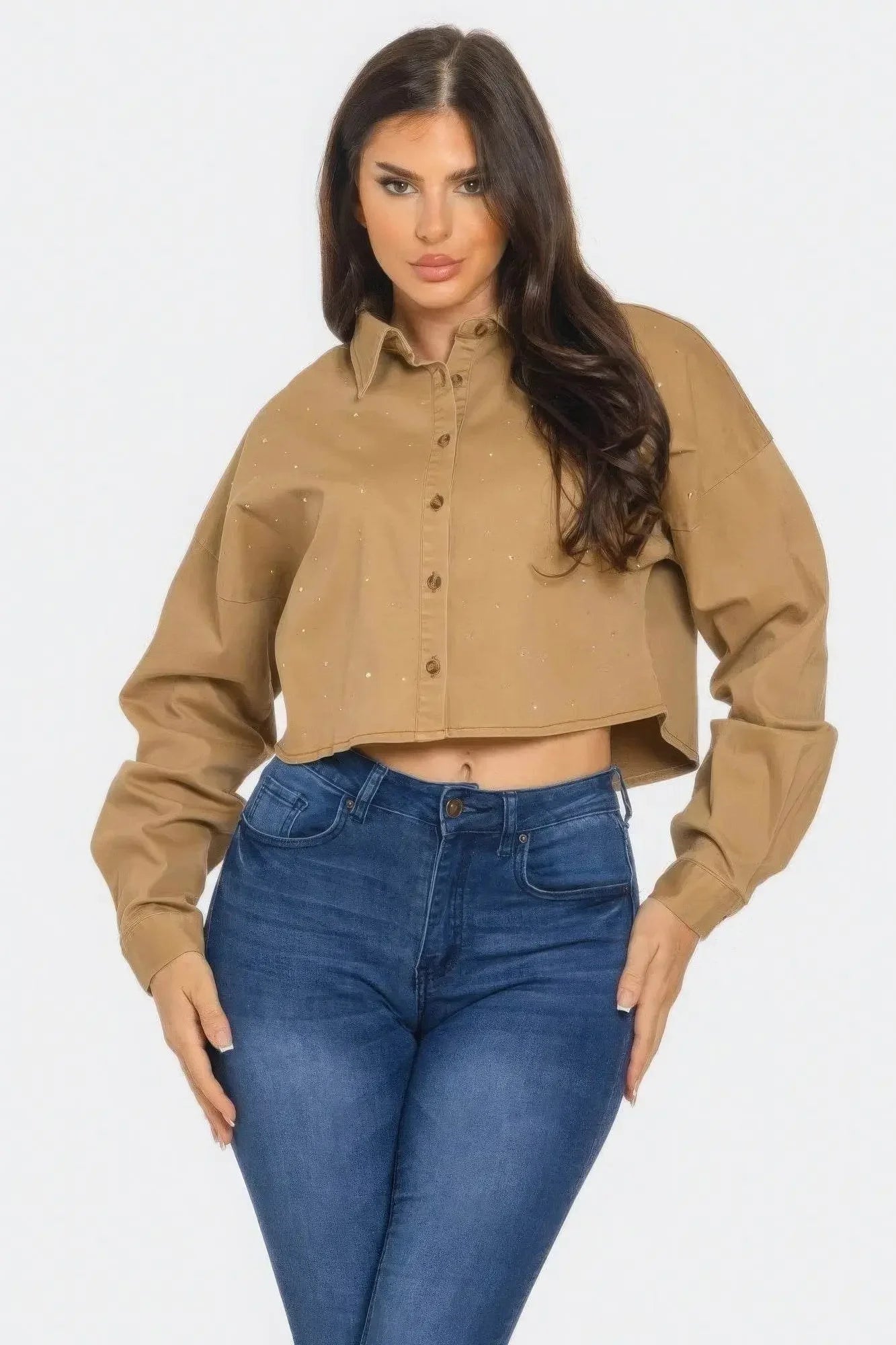 Bling Denim Button Camel Down Shirt - IVORYNN