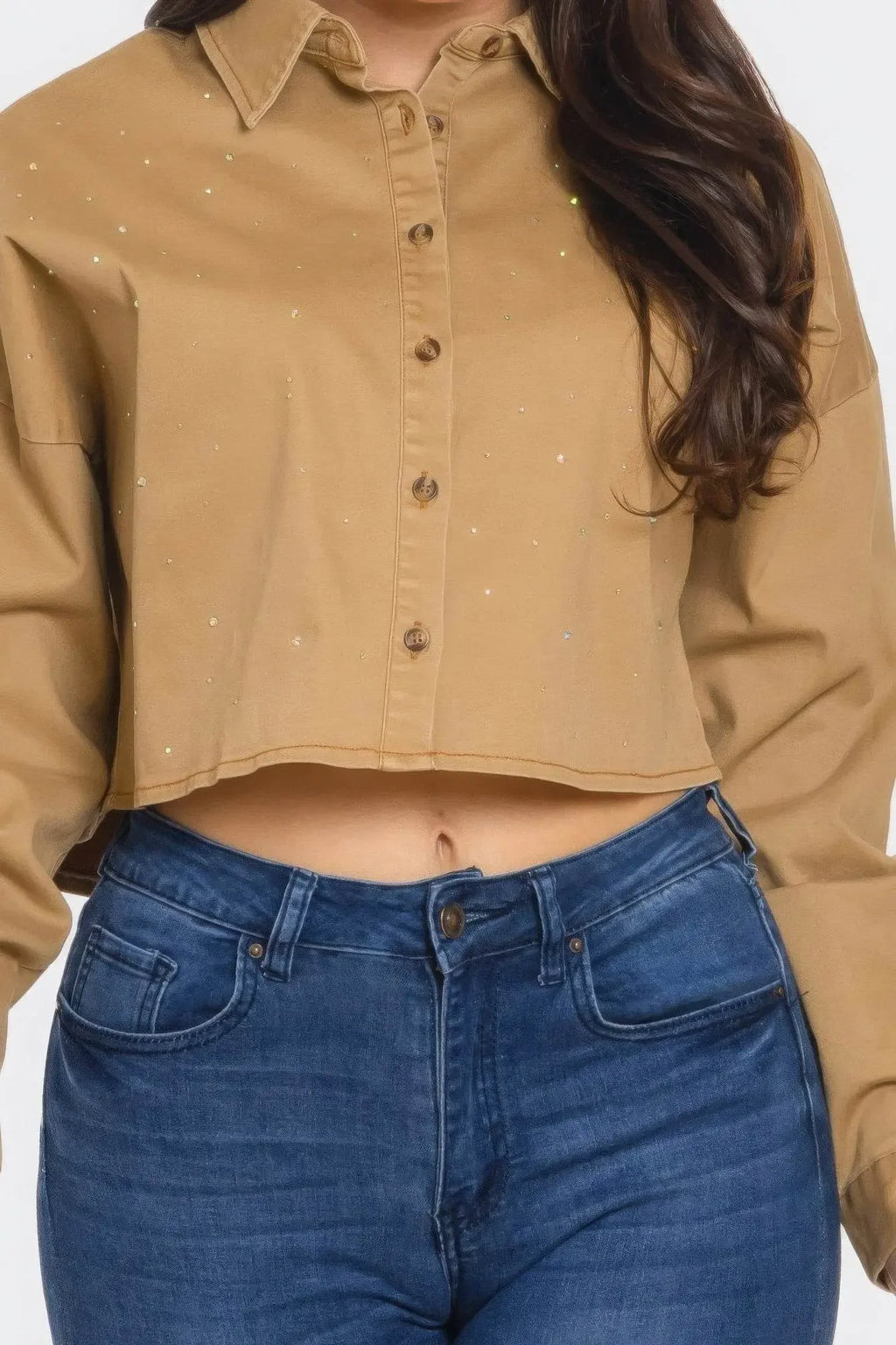 Bling Denim Button Camel Down Shirt - IVORYNN