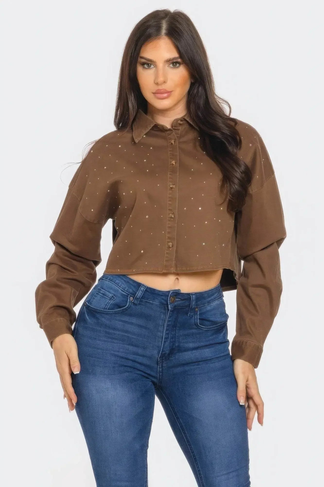 Bling Denim Button Milk Chocolate Down Shirts - IVORYNN