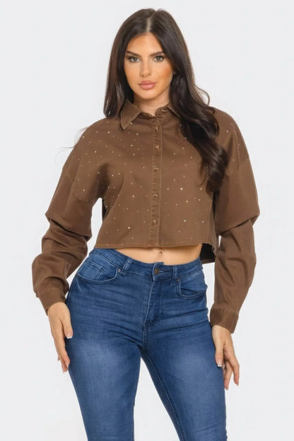 Bling Denim Button Milk Chocolate Down Shirts - IVORYNN