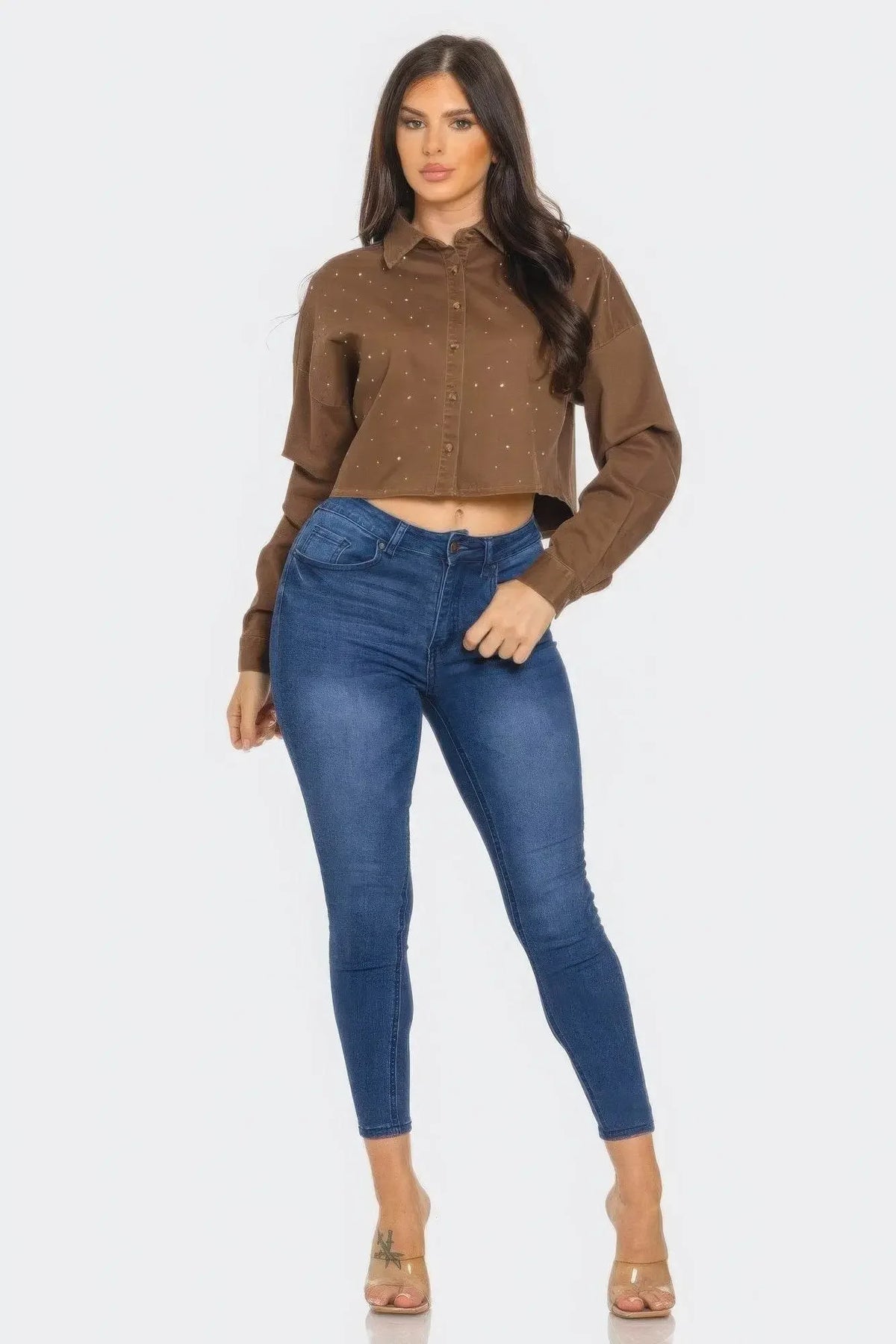 Bling Denim Button Milk Chocolate Down Shirts - IVORYNN