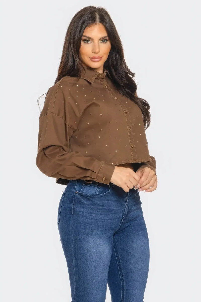 Bling Denim Button Milk Chocolate Down Shirts - IVORYNN
