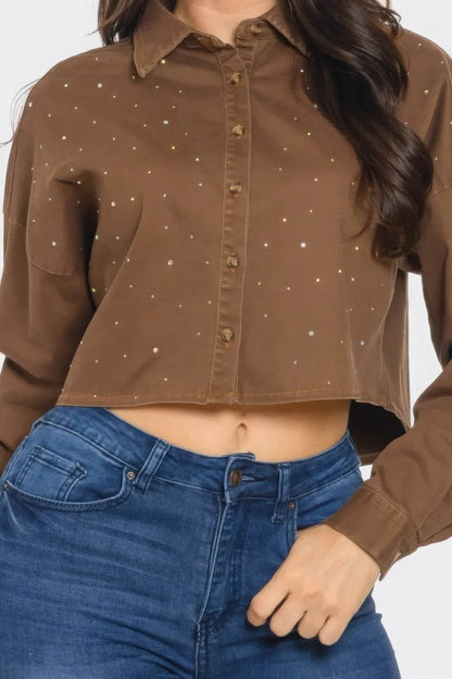 Bling Denim Button Milk Chocolate Down Shirts - IVORYNN