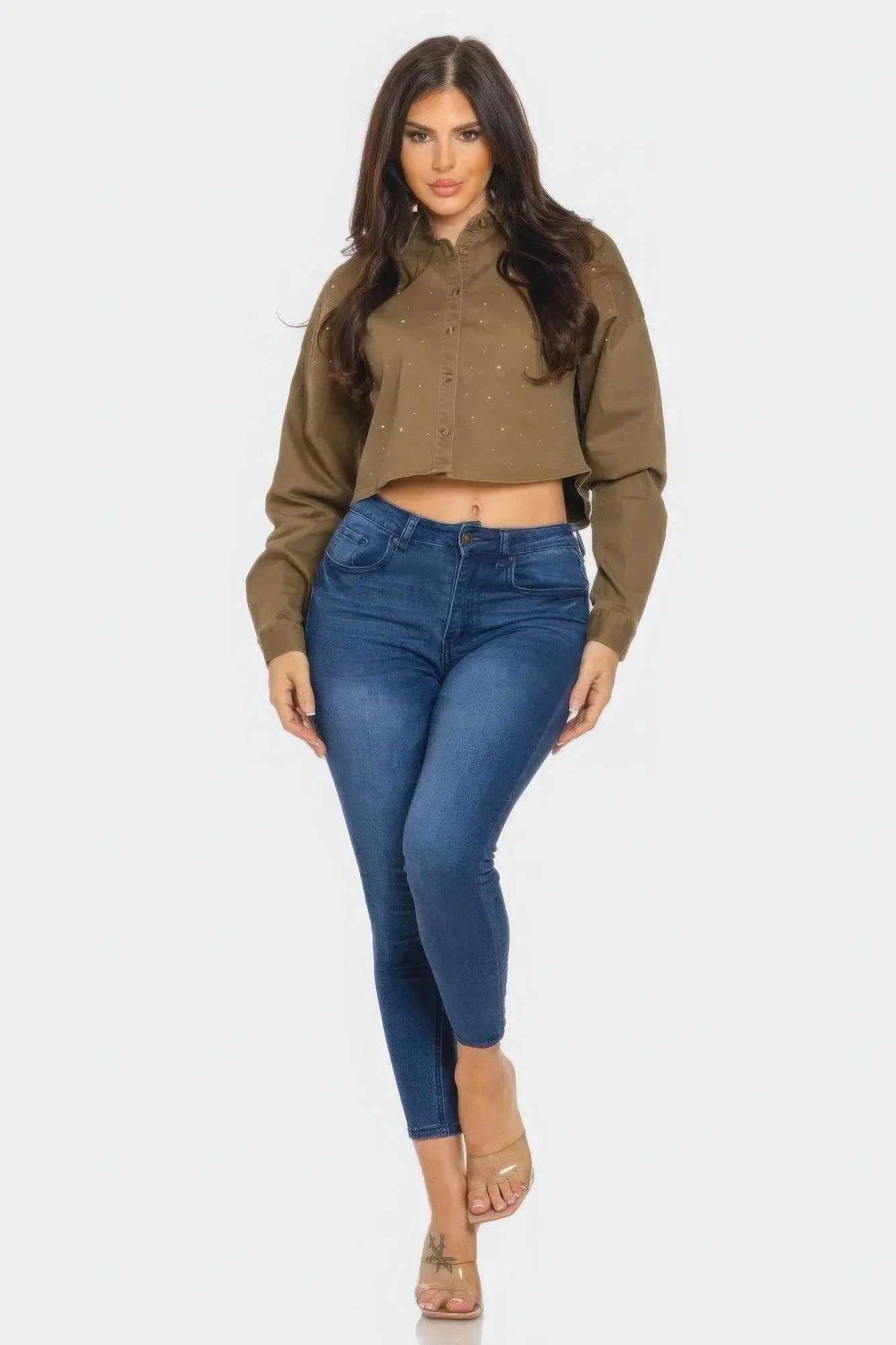 Bling Denim Button Raw Umber Down Shirt - IVORYNN