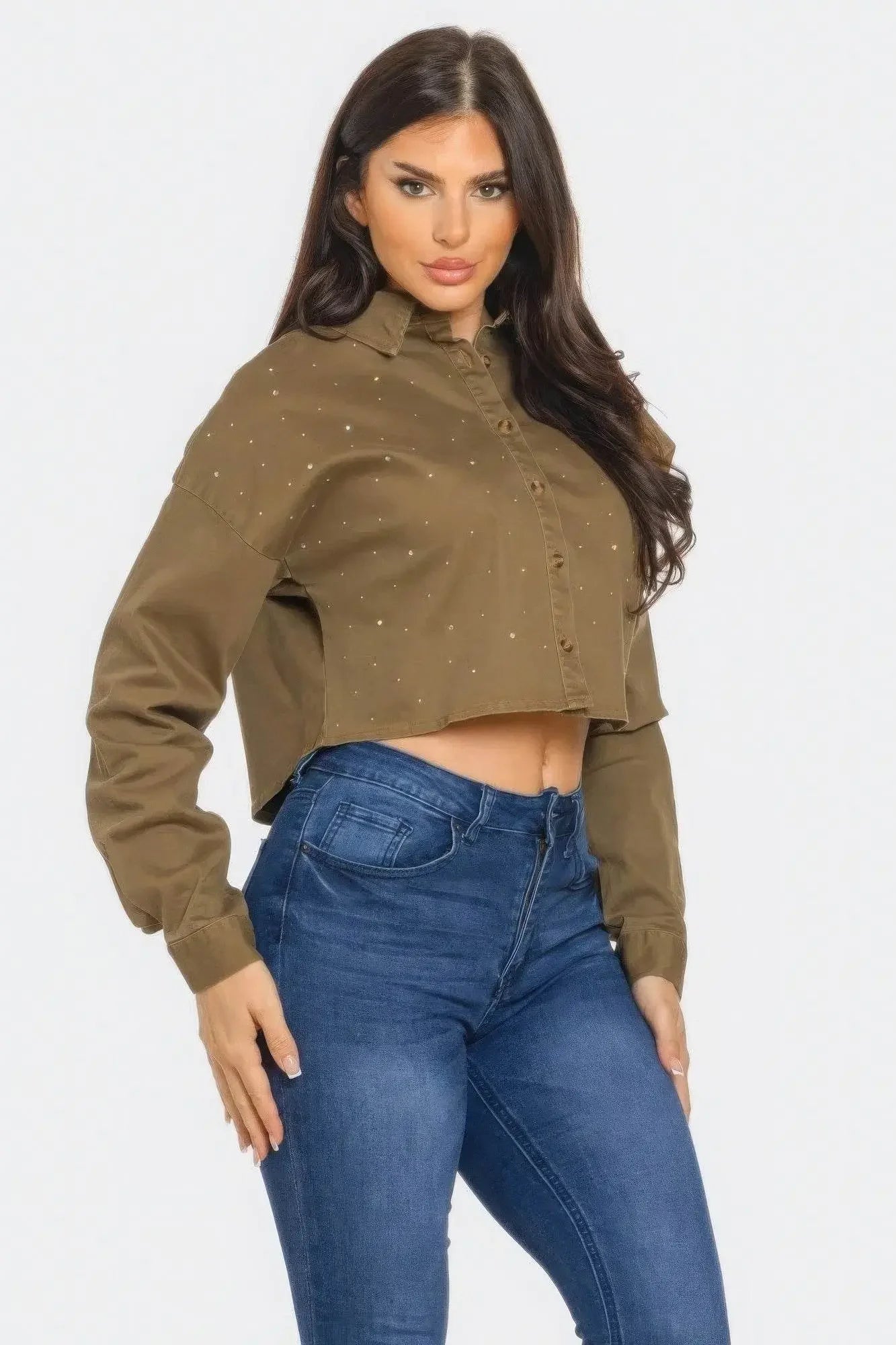 Bling Denim Button Raw Umber Down Shirt - IVORYNN