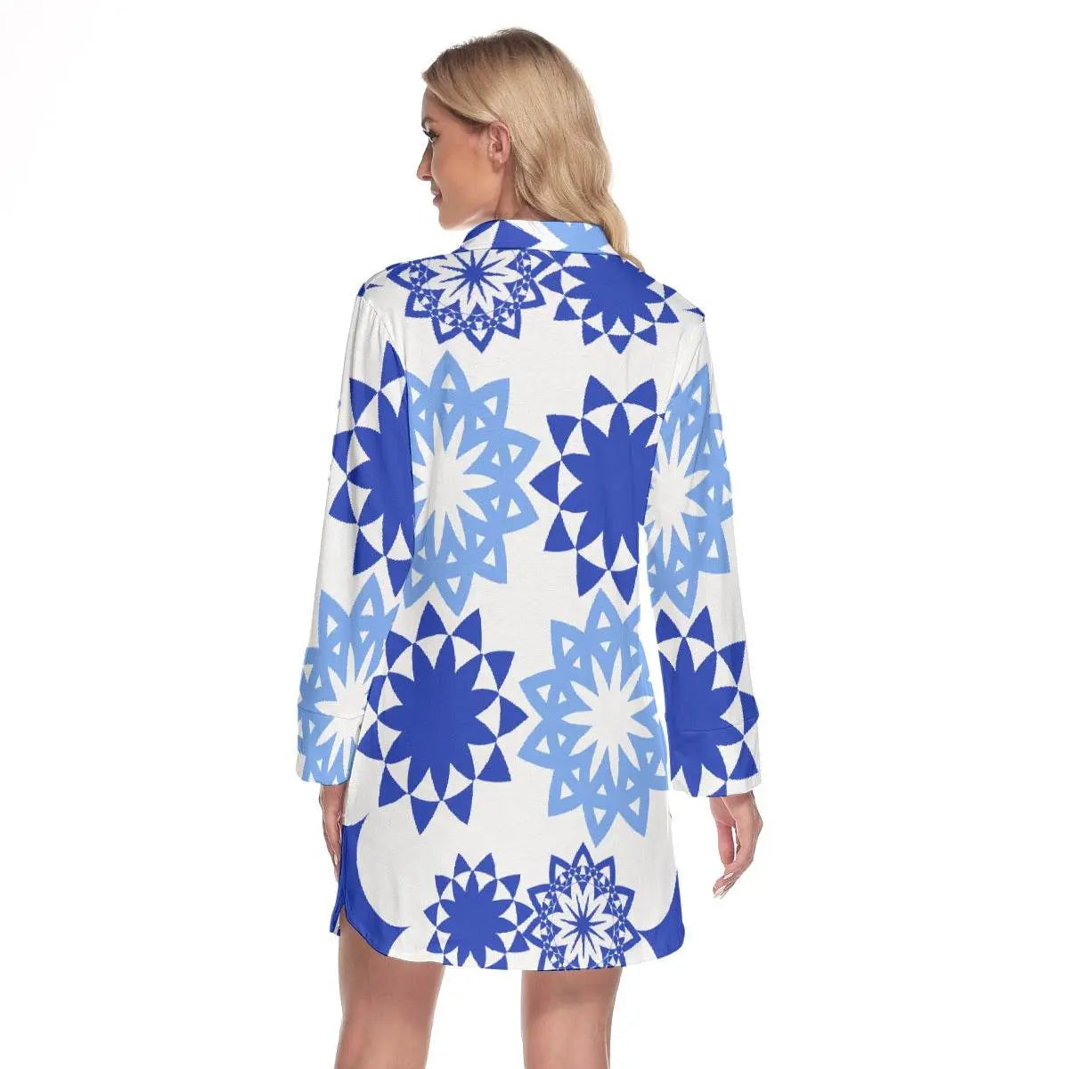 Blue Flowers Women's Long Sleeve Shirt Dress - IVORYNN