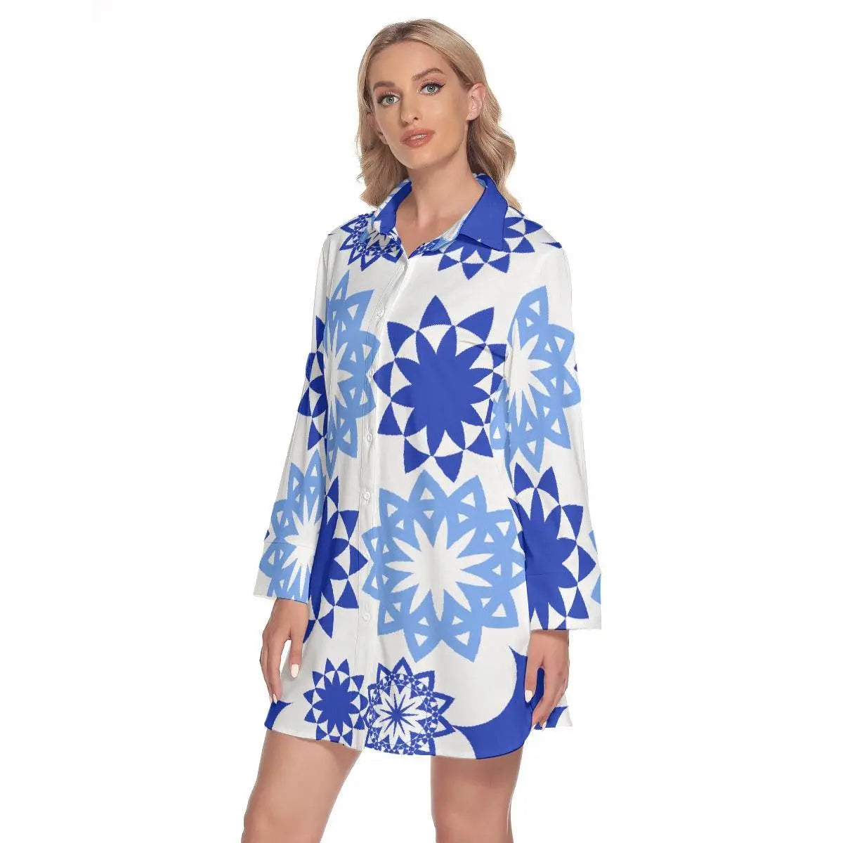 Blue Flowers Women's Long Sleeve Shirt Dress - IVORYNN
