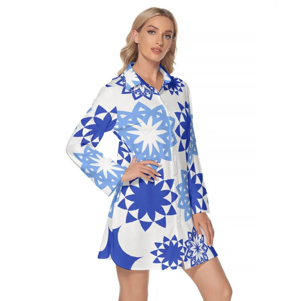 Blue Flowers Women's Long Sleeve Shirt Dress - IVORYNN