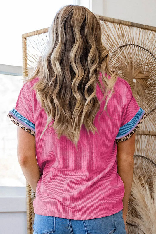 Bonbon Leopard Patchwork Corded Crew Neck T Shirt