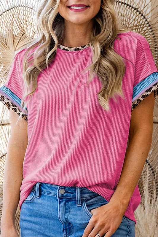 Bonbon Leopard Patchwork Corded Crew Neck T Shirt