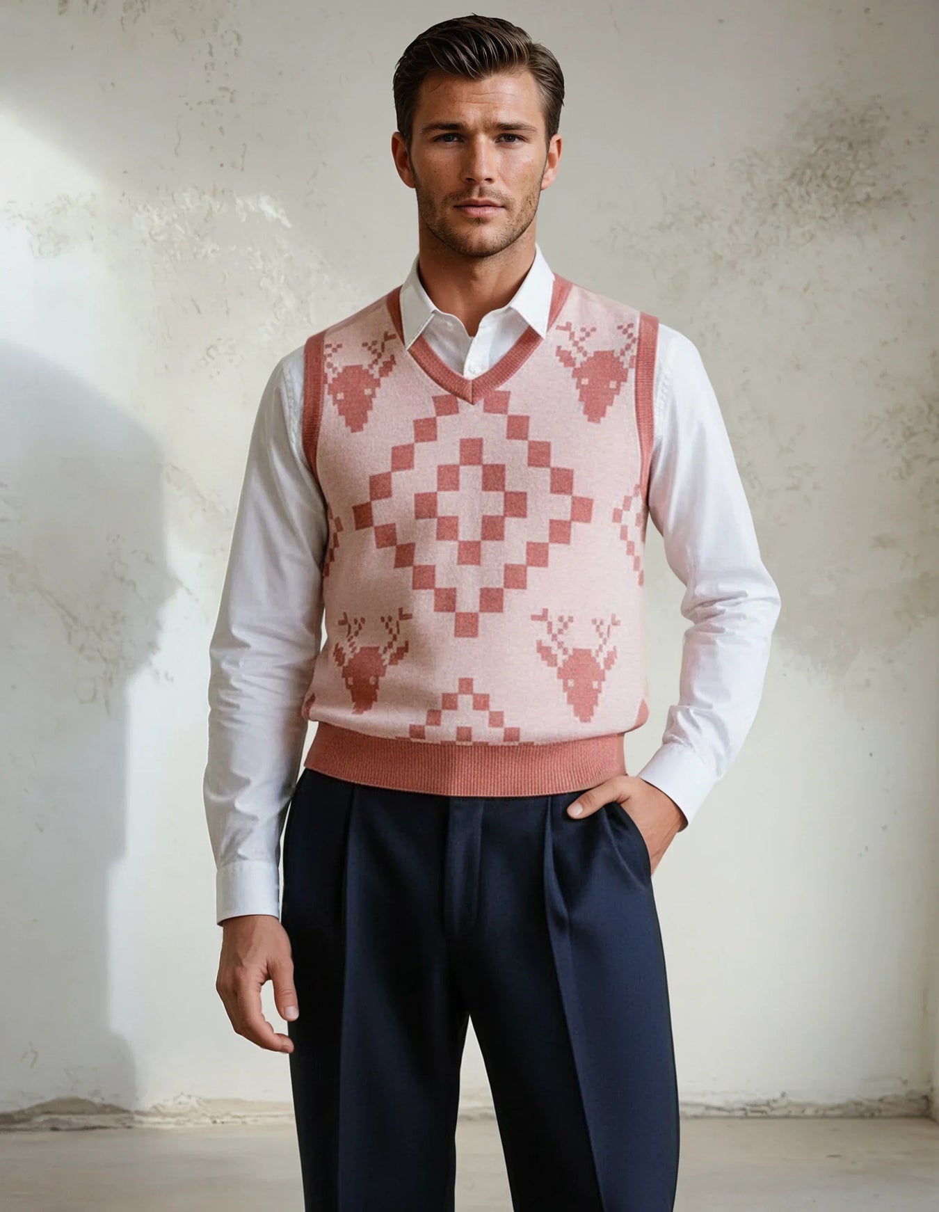 Classic Vintage V-neck Baby Pink Men Knitted vest