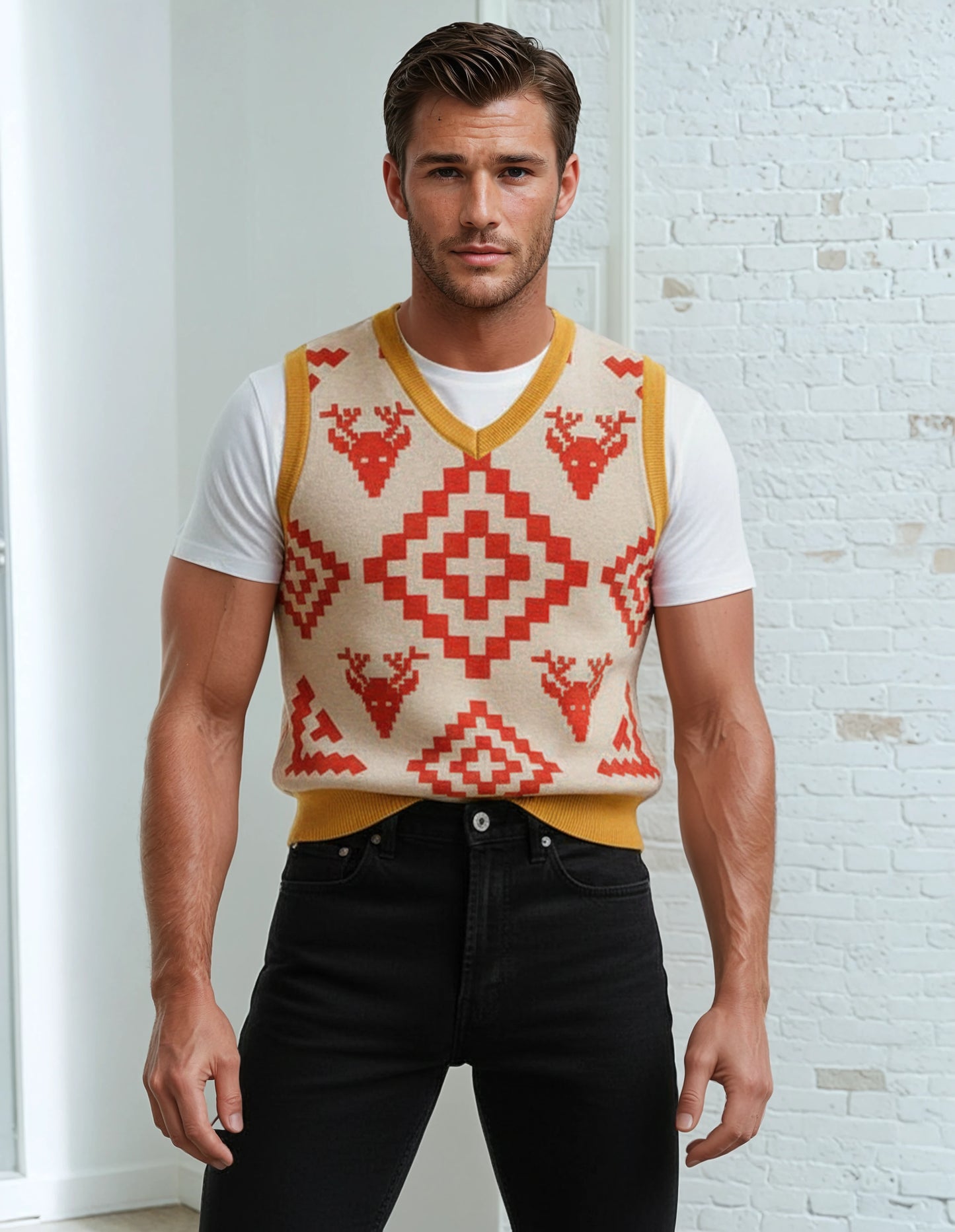 Classic Vintage V-neck Orange Men Knitted vest