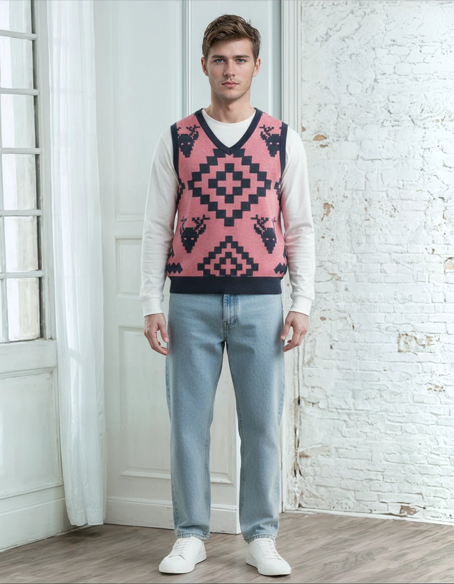 Classic Vintage V-neck Pink Men Knitted vest