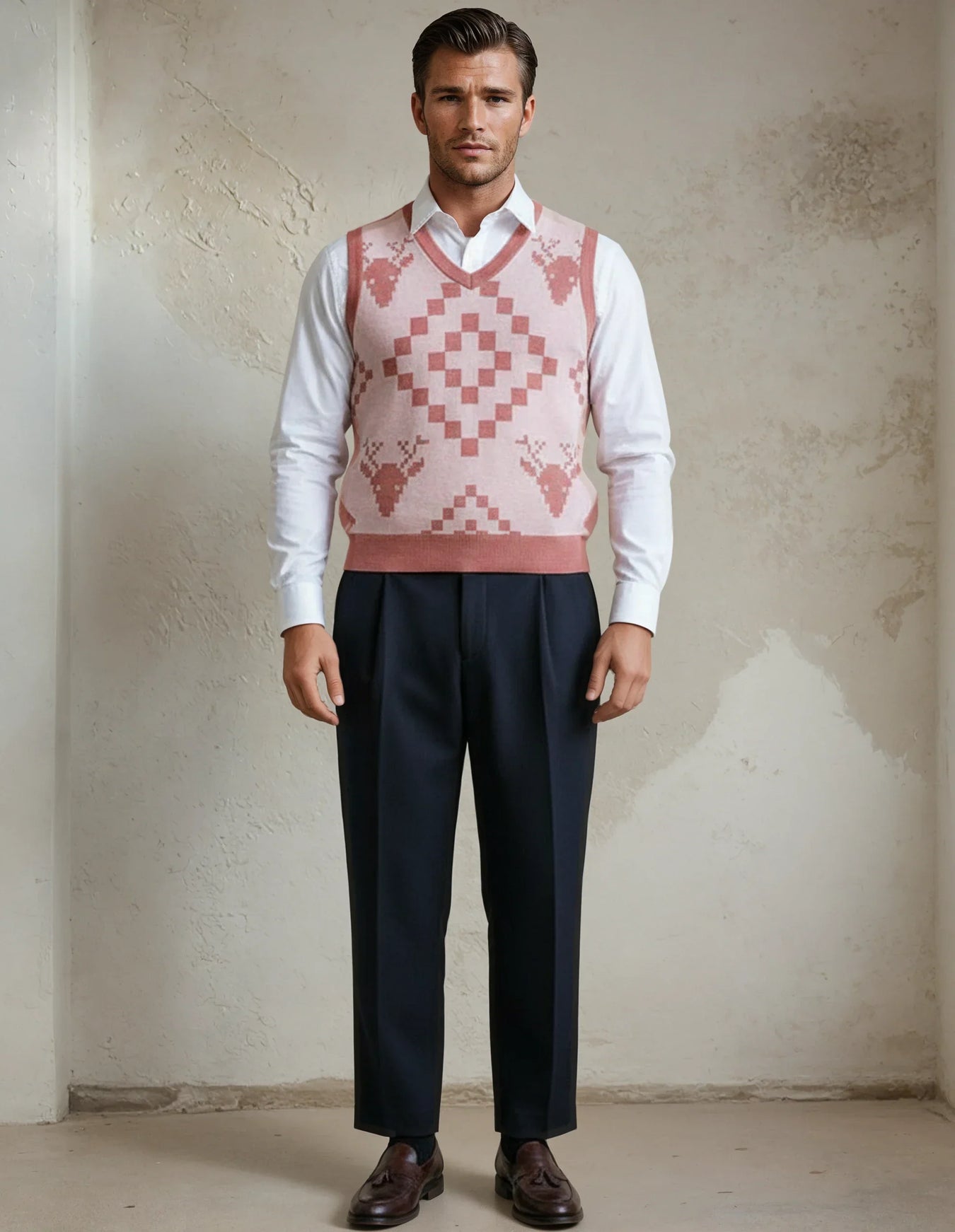 Classic Vintage V-neck Baby Pink Men Knitted vest