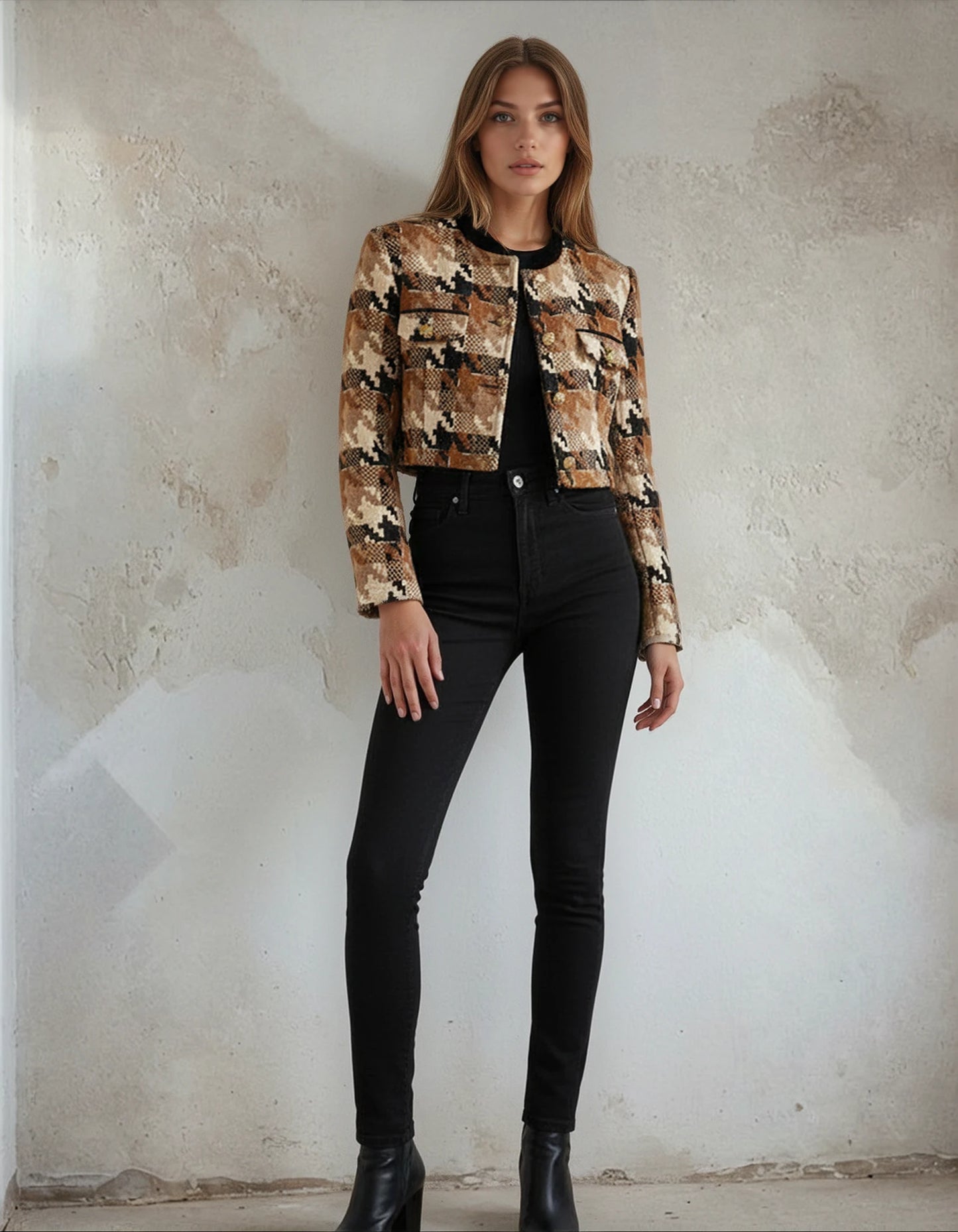 Velvet Collar Gold Buttons Chic Camel Cropped Blazer