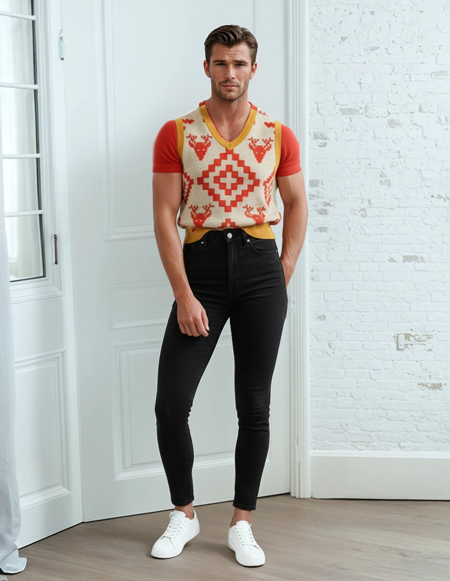 Classic Vintage V-neck Orange Men Knitted vest