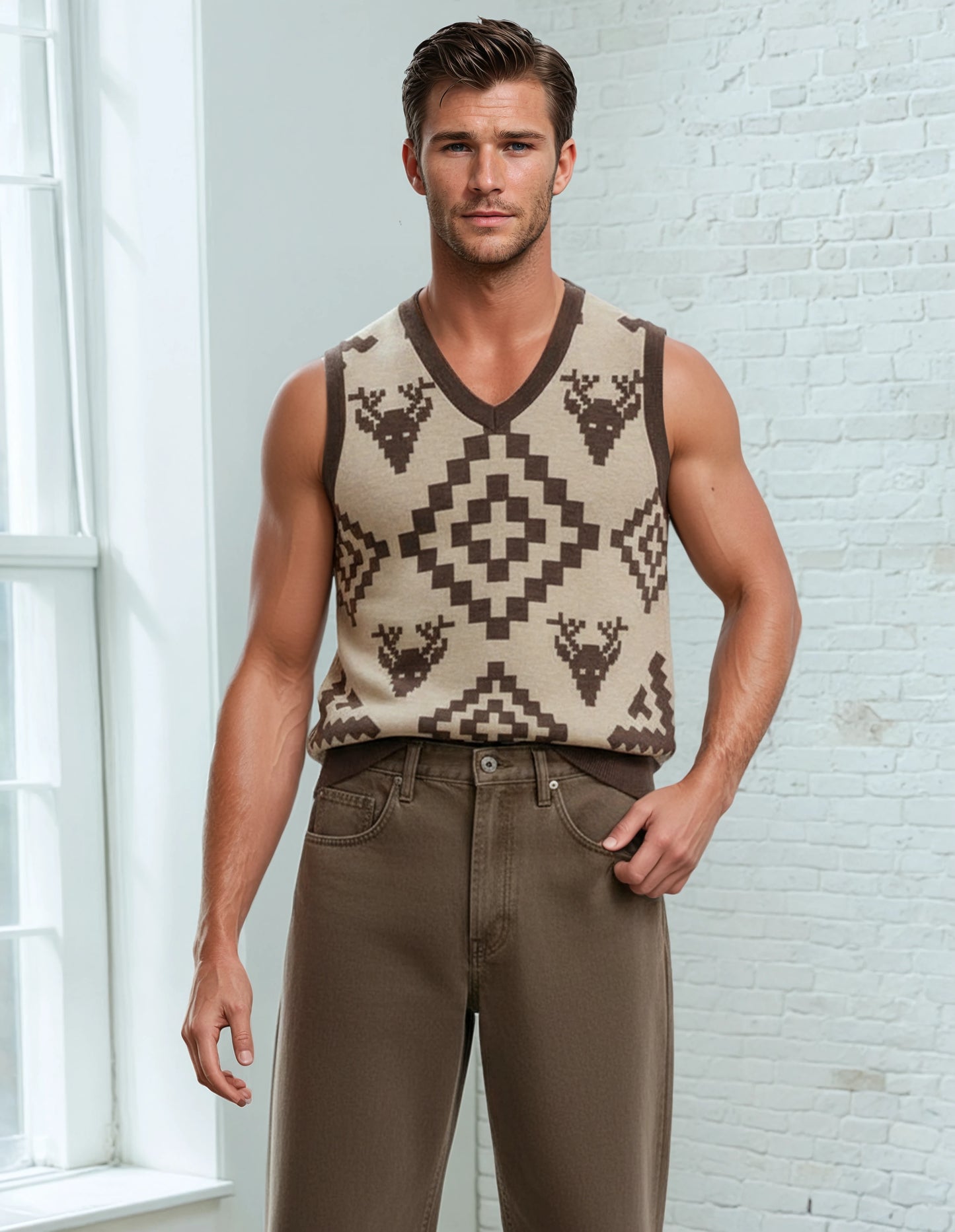 Classic Vintage V-neck Brown Men Knitted vest