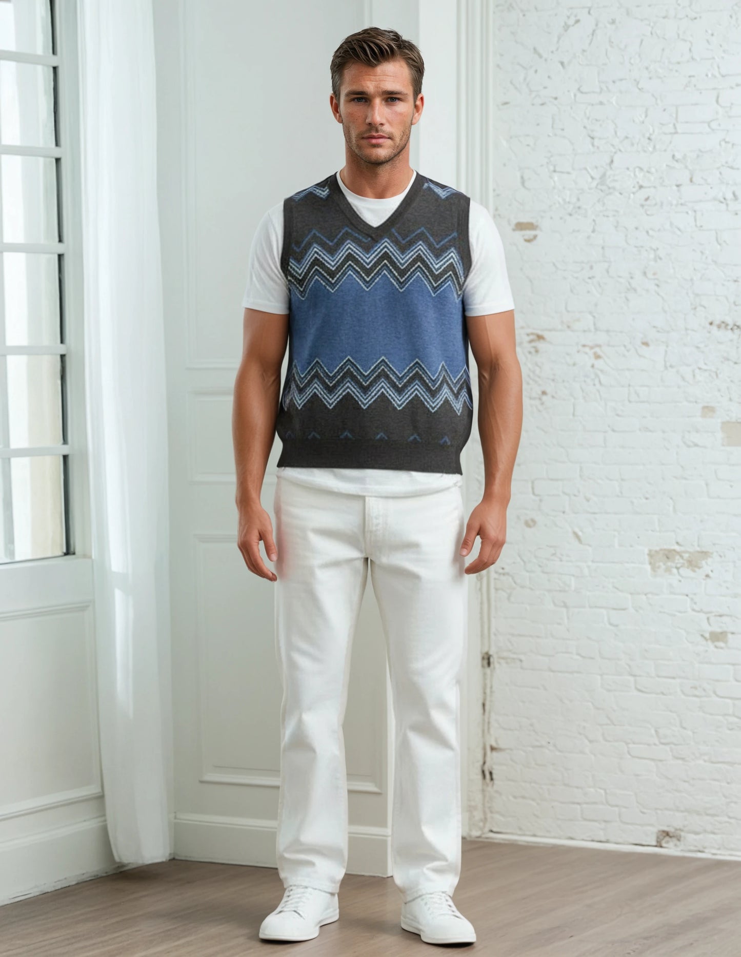 Classic Vintage V-neck Navy Gray Men Knitted vest