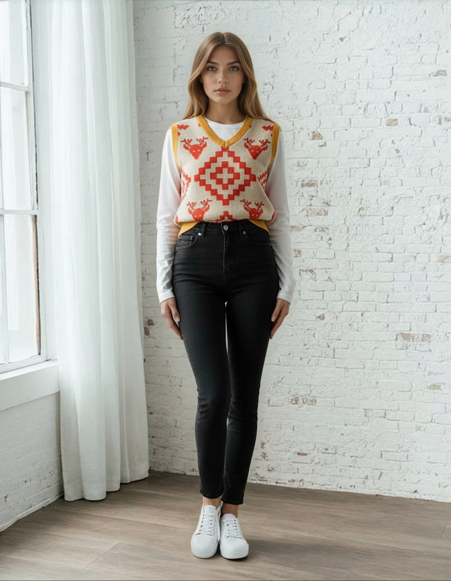 Classic Vintage V-neck Orange Women Knitted vest