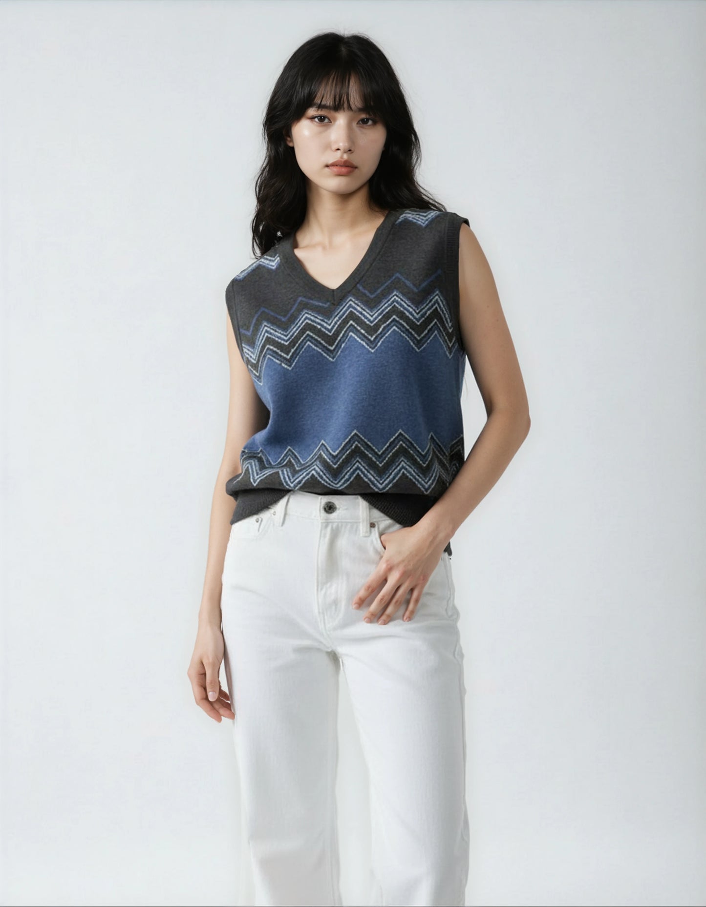 Classic Vintage V-neck Navy Gray Women Knitted vest