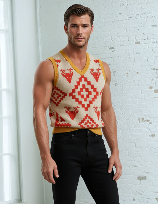 Classic Vintage V-neck Orange Men Knitted vest