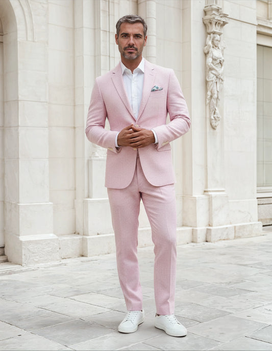 Slim Fit Two-Button Seersucker Pink Suit Set