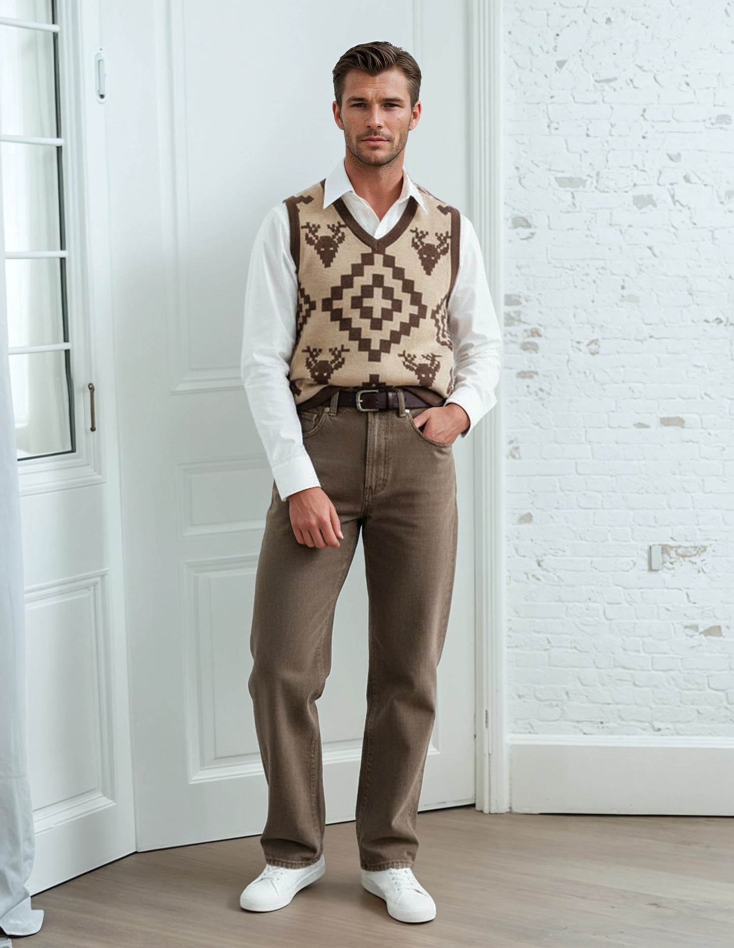 Classic Vintage V-neck Brown Men Knitted vest
