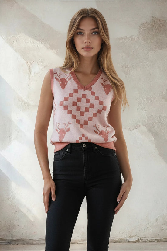 Classic Vintage V-neck Baby Pink Women Knitted vest