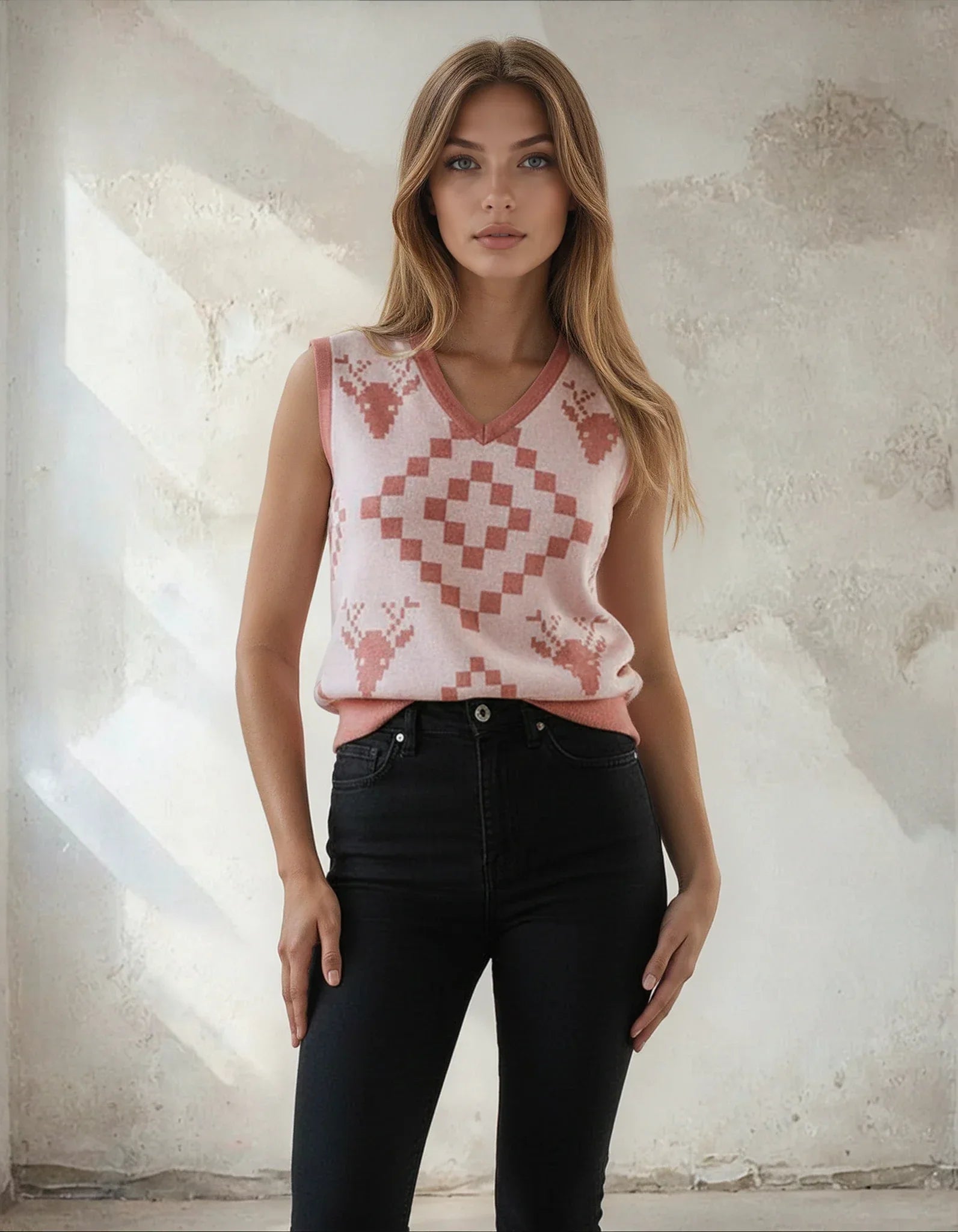 Classic Vintage V-neck Baby Pink Women Knitted vest