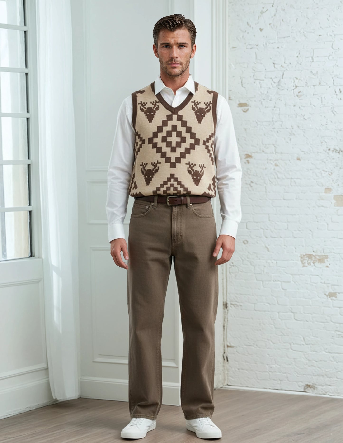 Classic Vintage V-neck Brown Men Knitted vest