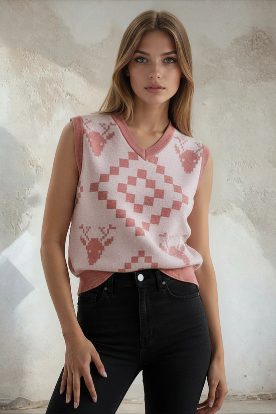 Classic Vintage V-neck Baby Pink Women Knitted vest