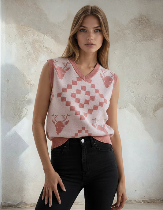 Classic Vintage V-neck Baby Pink Women Knitted vest